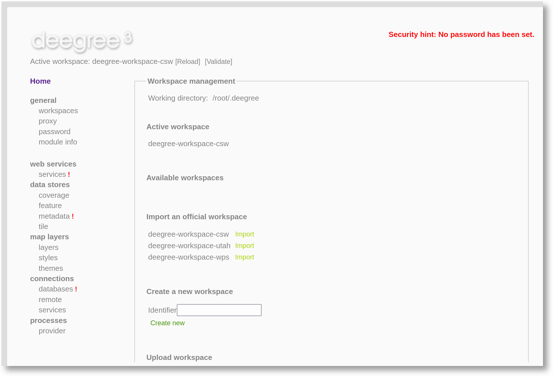 Initial startup of deegree-workspace-csw