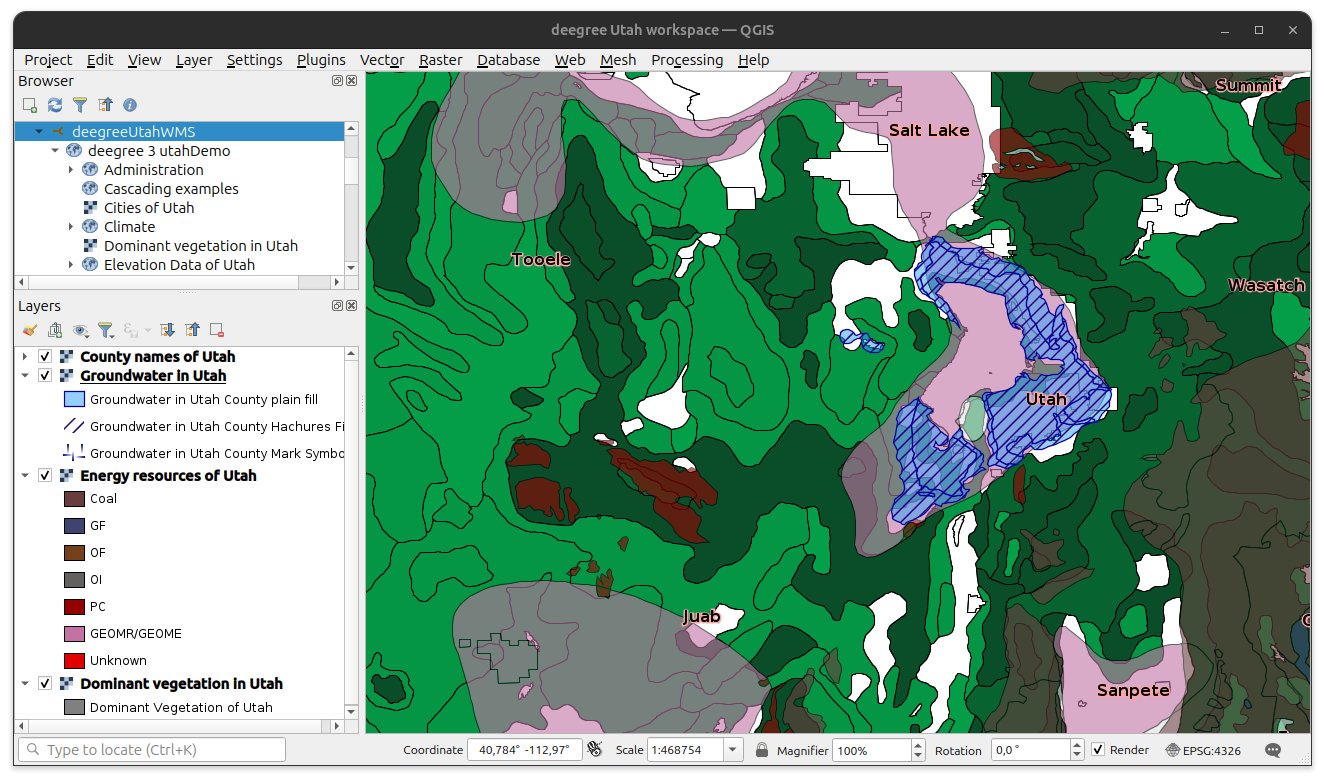 QGIS displaying a WMS layer from the Utah workspace